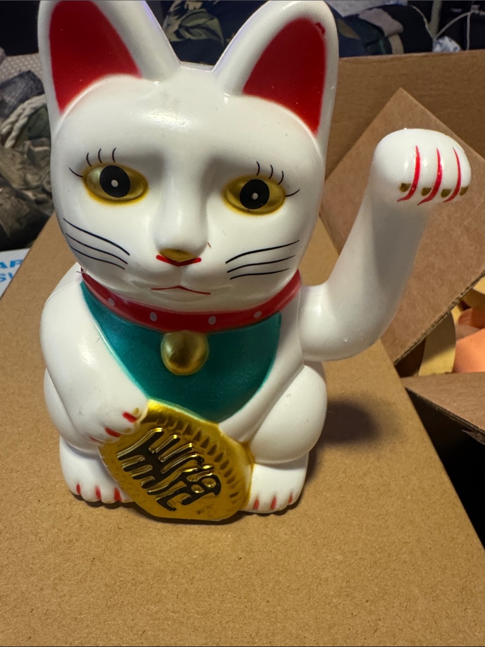 White Ceramic Maneki Neko Lucky Cat with Gold Coin and Teal Bib